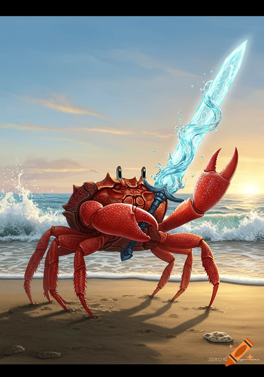 A cartoonish red crab stands on a sandy beach holding a glowing blue water sword with ocean waves and a sunset sky.
