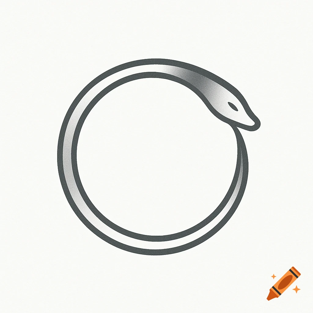 An abstract, simplistic logo design of an ouroboros symbol, with silver and dark grey tones, on a white background.