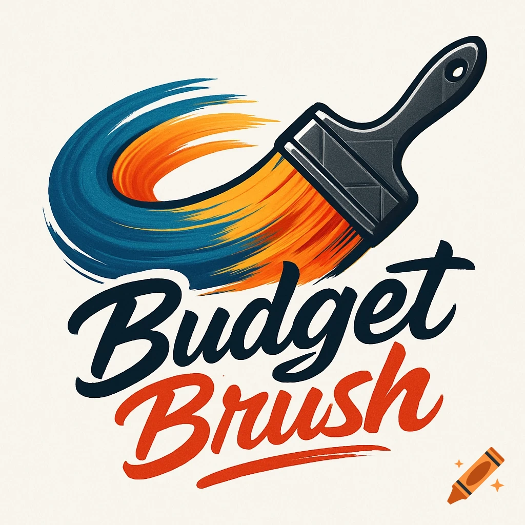 Logo for Budget Brush, showing a paint brush with blue and orange paint strokes.