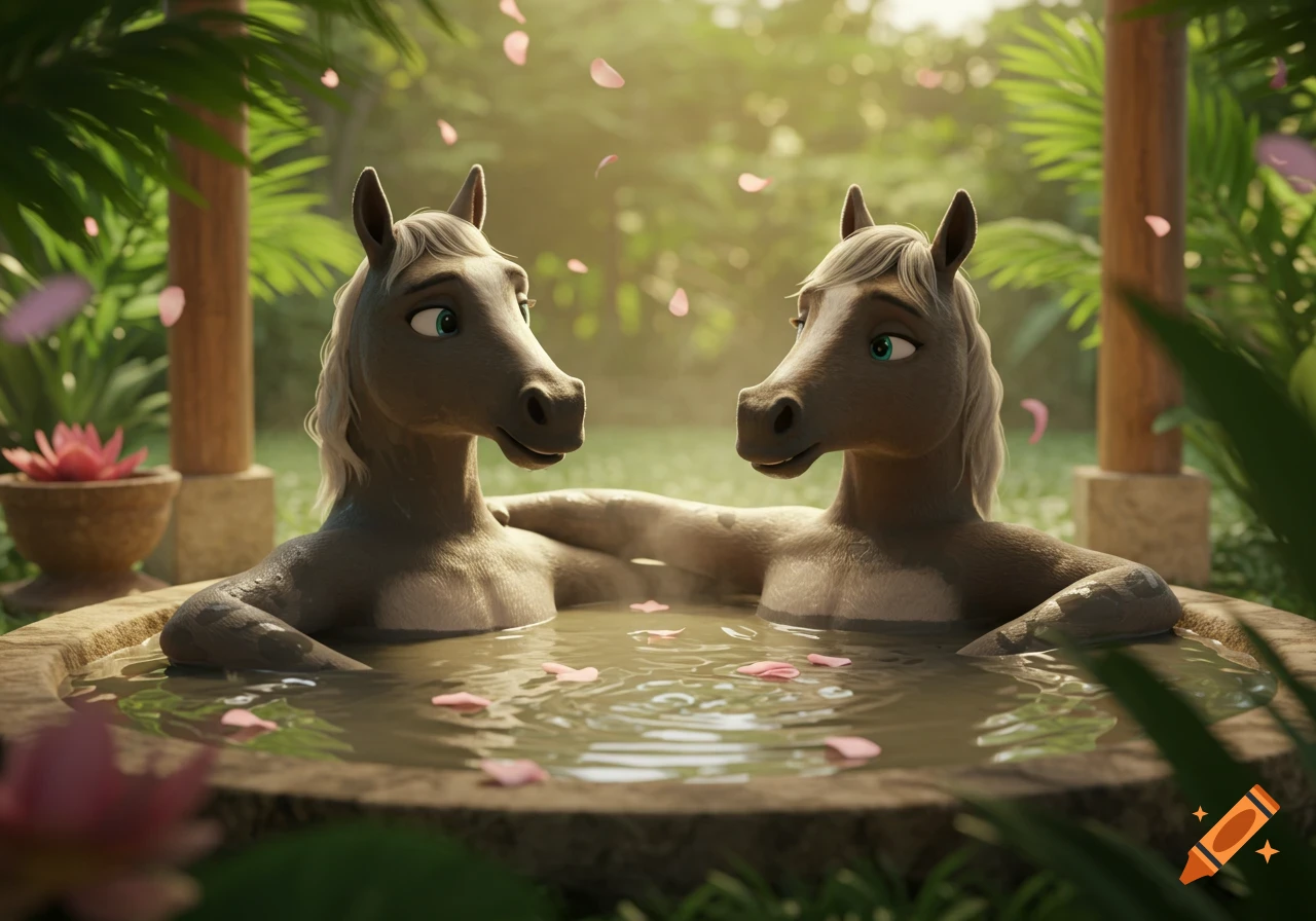 Two anthropomorphic horses relax in a mud hot tub with pink petals, surrounded by lush tropical plants, in a 3D animation style.