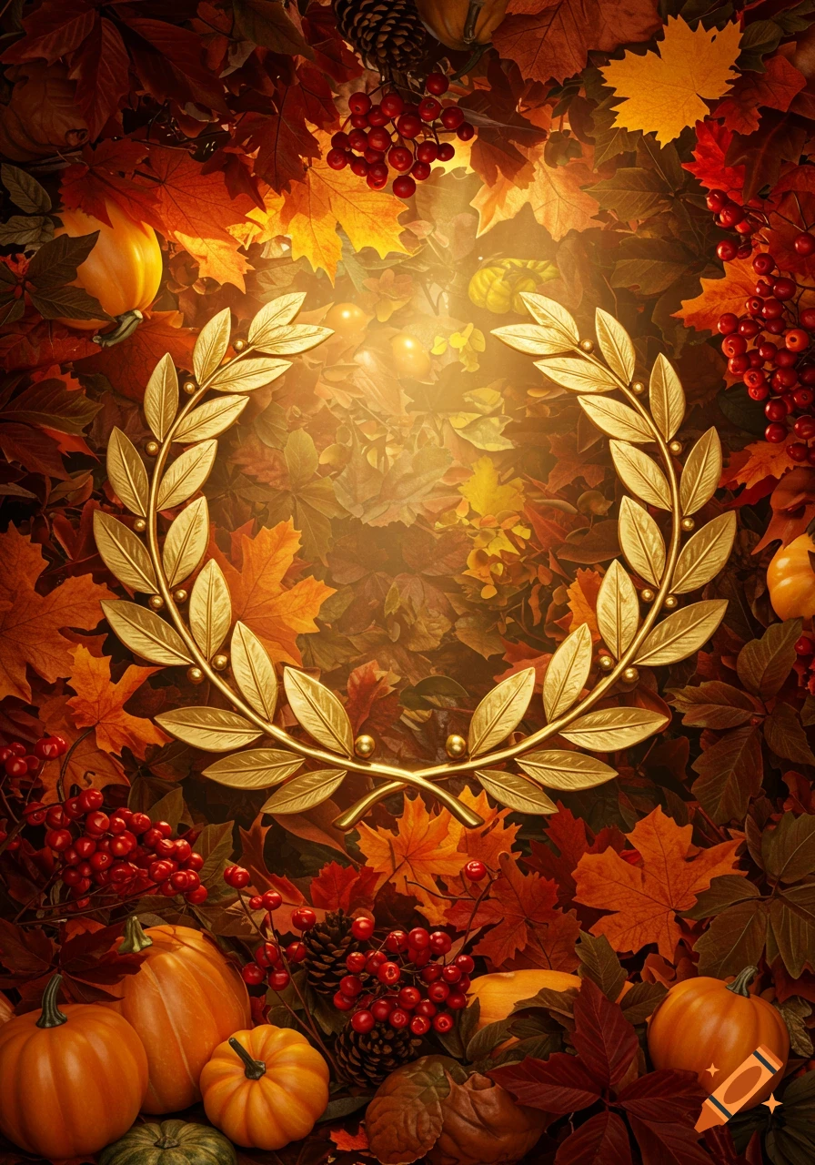 A golden laurel wreath centered amidst a vibrant autumn background of orange and red leaves, pumpkins, and berries, with warm glowing light.