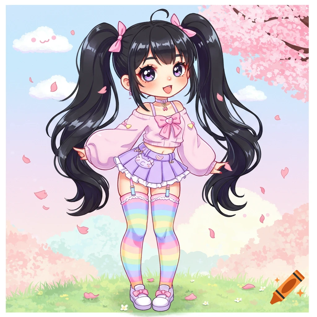 Cute anime girl with black pigtails, pastel top, purple skirt, rainbow thigh-highs, standing in a cherry blossom field.