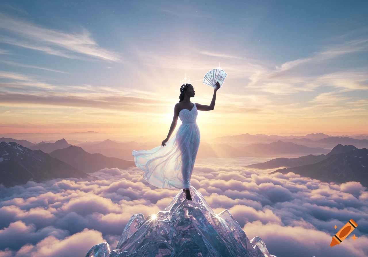 A woman in a flowing white dress stands on a sparkling crystal mountain peak above clouds at sunset, holding a fan of money aloft.