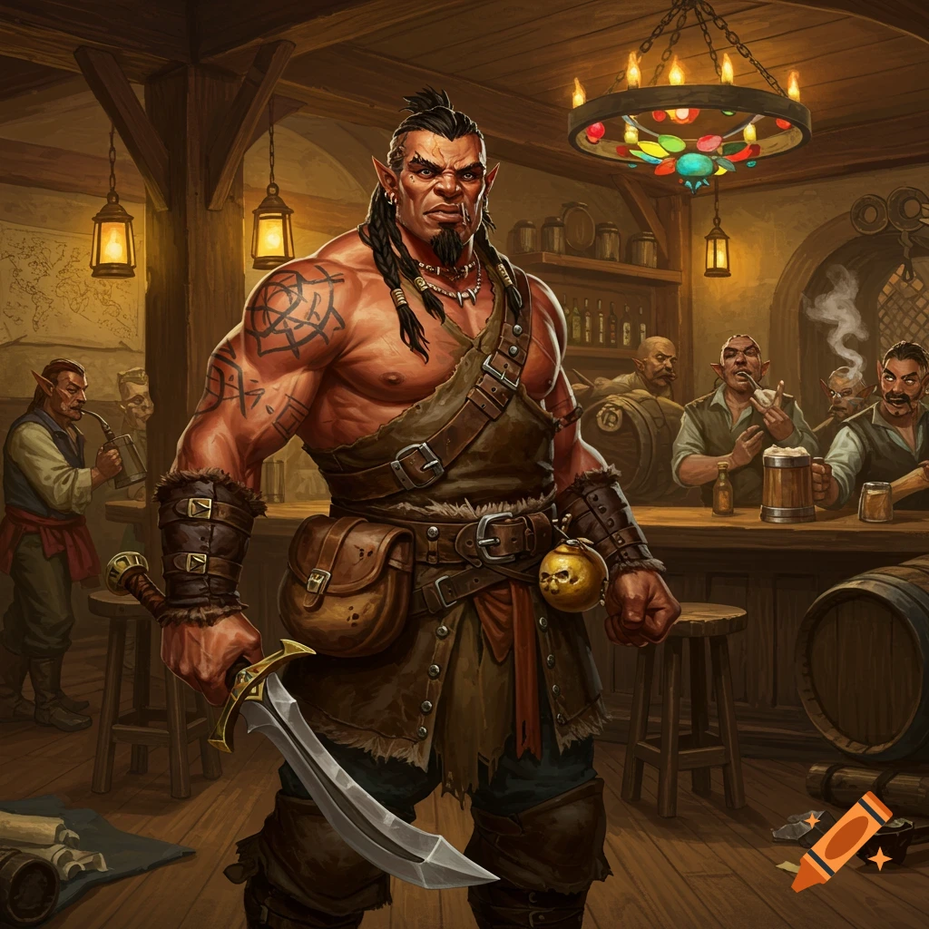 A muscular fantasy warrior with braided hair and tattoos stands in a rustic tavern, holding a sword, in a painted style.