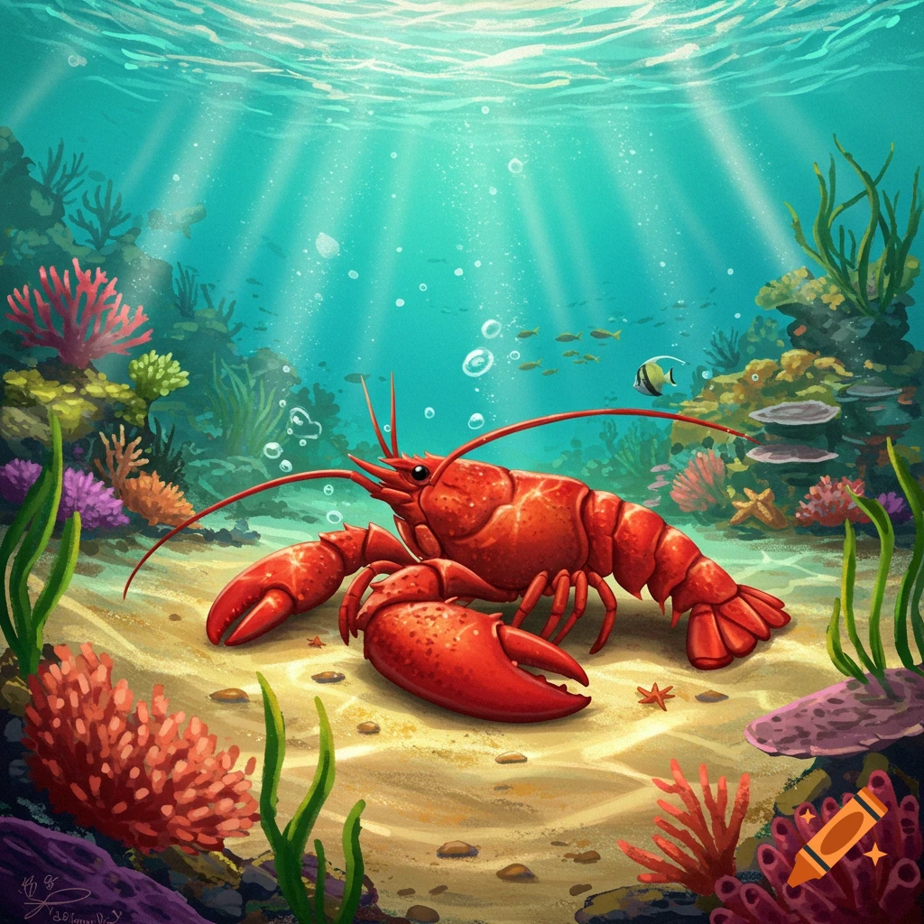 An vibrant illustration of a red lobster on a sandy seabed surrounded by colorful coral, seaweed, and small fish, with sun rays piercing the clear blue water from above.
