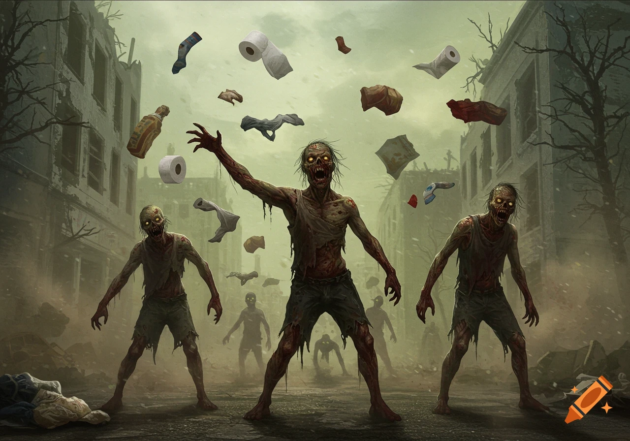 Stylized illustration of three grotesque zombies in a ruined city throwing toilet paper, socks, and underwear at the viewer.