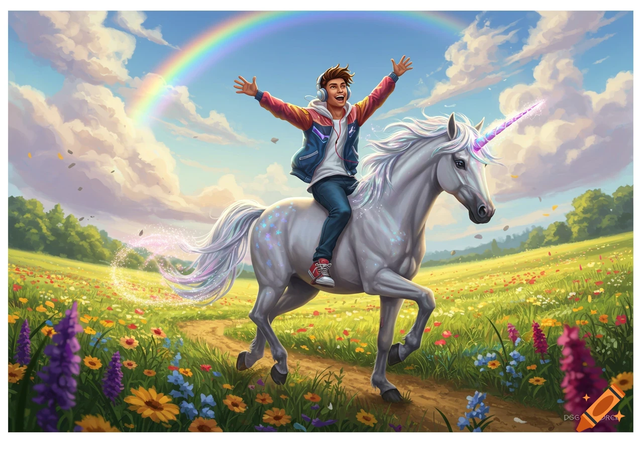 A joyful man on a white unicorn in a field of wildflowers under a rainbow. Digital art.