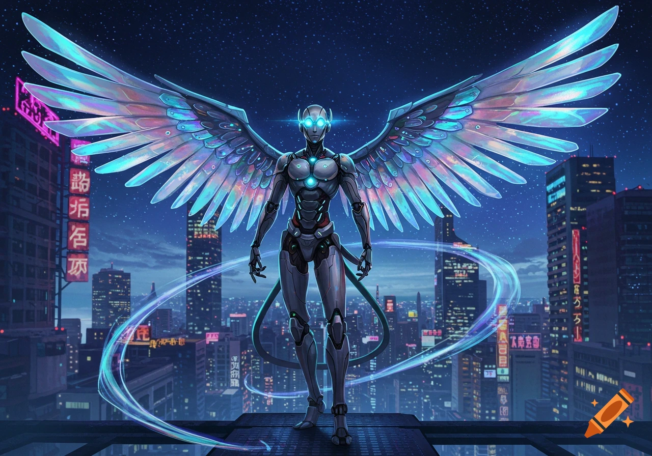 Anime-style cyborg with iridescent wings overlooking a futuristic city at night, glowing blue lights.