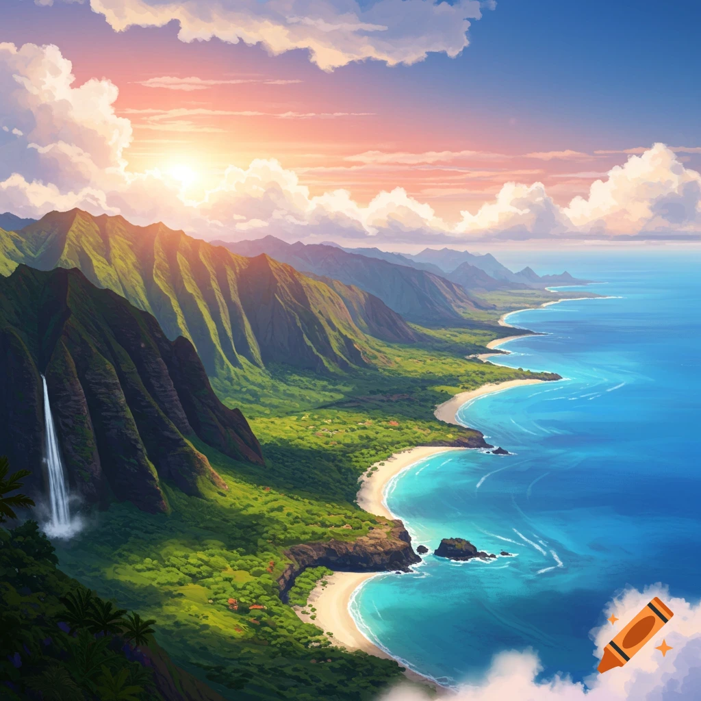 Vibrant anime-style aerial view of a lush green mountainous Hawaiian coastline with white beaches, turquoise ocean, and a waterfall at sunset.