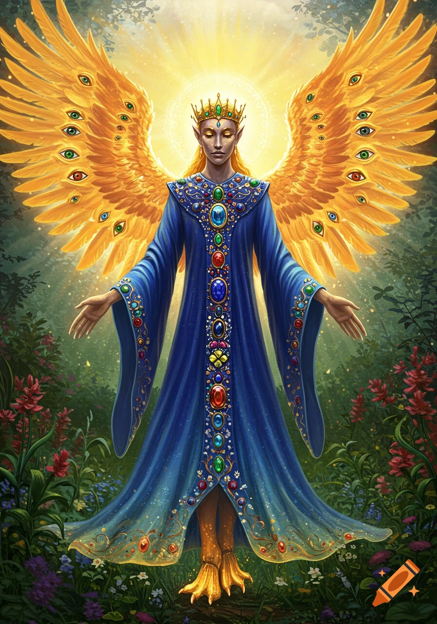 A vibrant illustration of a golden-skinned, androgynous angel with golden wings covered in many eyes, a crown, and a blue gem-encrusted robe, standing in a lush garden.