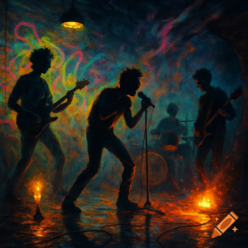 Stylized image of a rock band playing in a dark, atmospheric room with neon light trails and glowing fires on the floor.