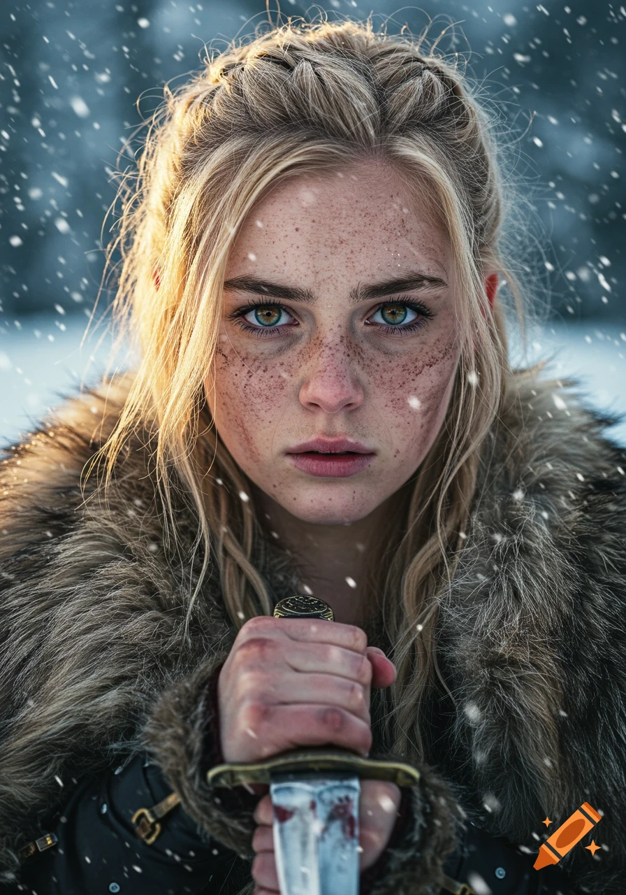 Photorealistic portrait of a young blonde woman with freckles, dressed in fur, holding a bloody dagger in falling snow.