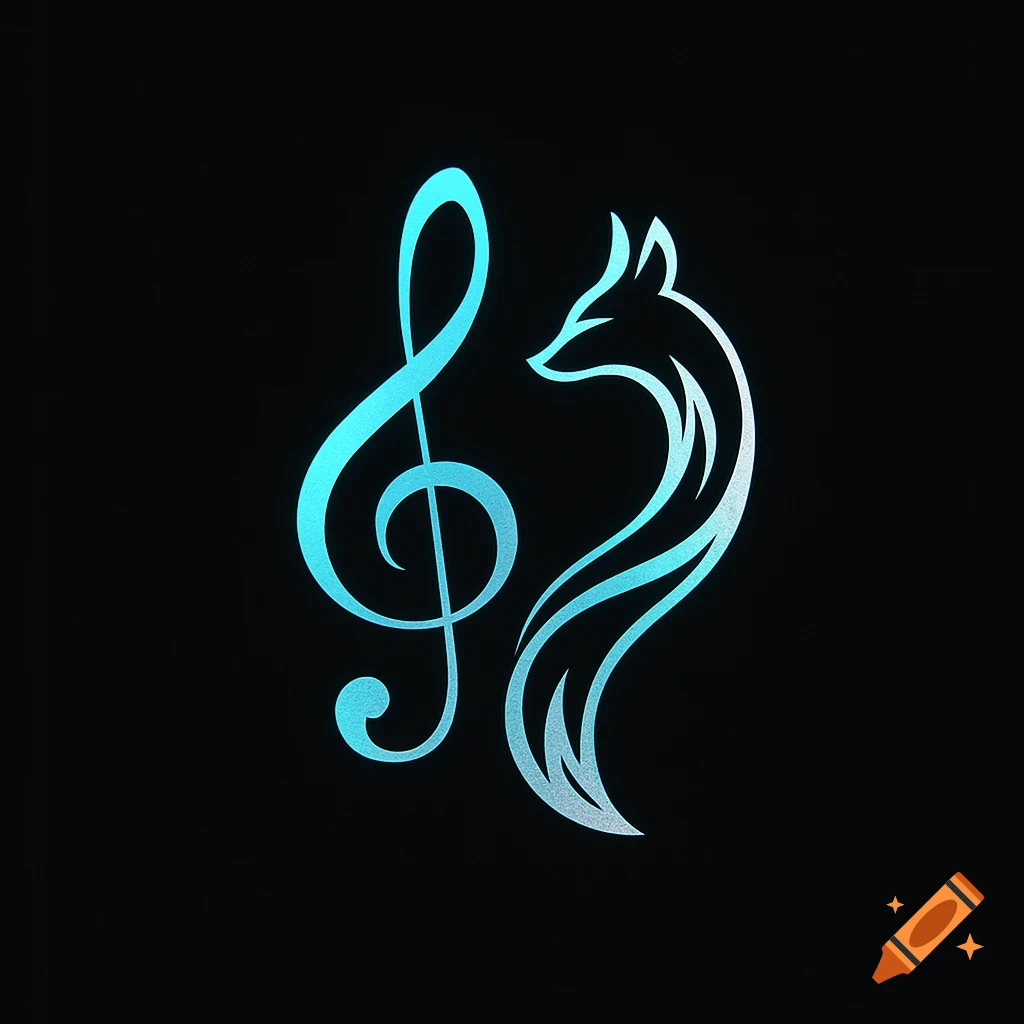 A minimalist vector logo of a glowing cyan and silver treble clef morphing into a fox's tail on a black background.