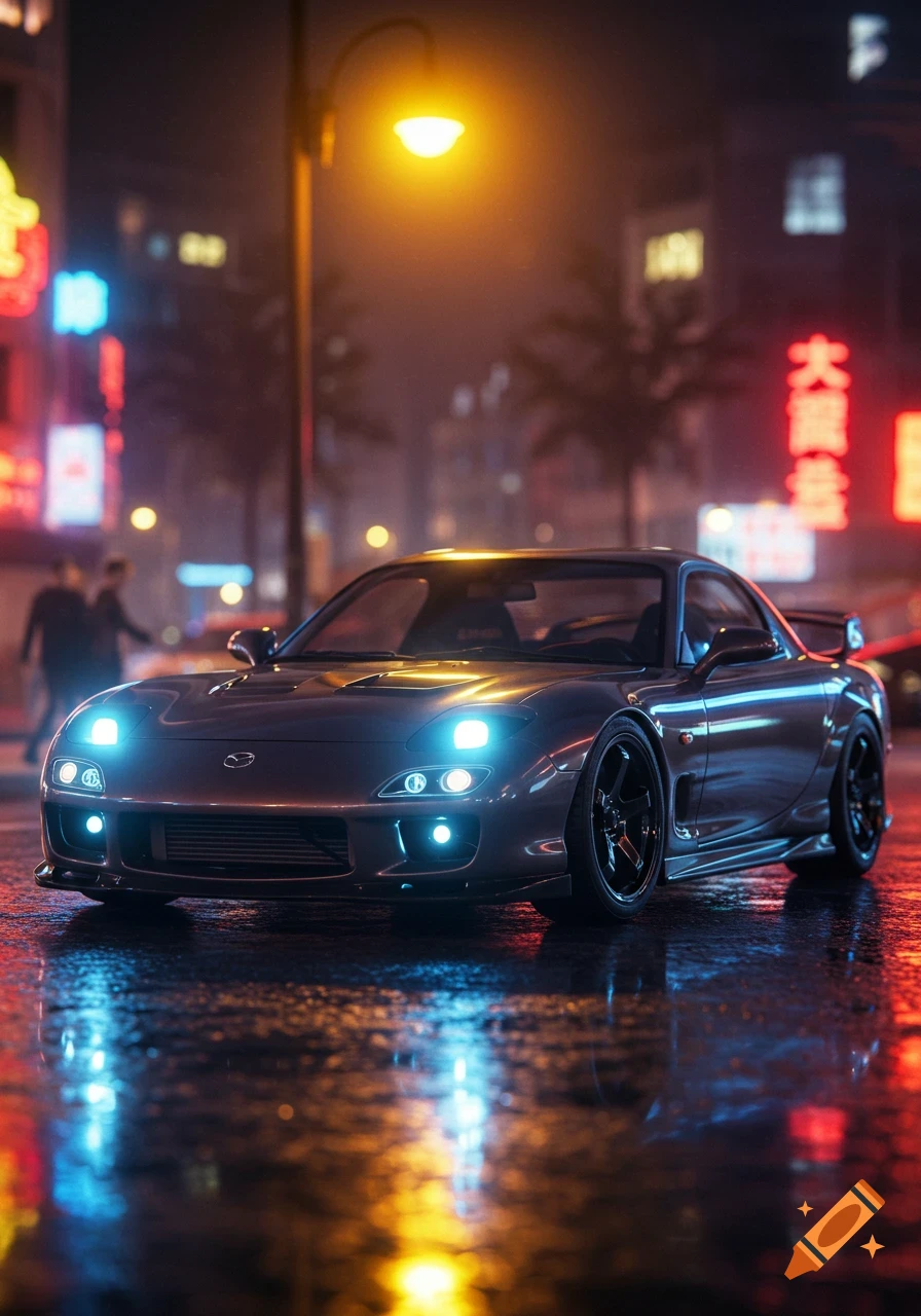 A grey Mazda RX7 with glowing headlights parked on a wet city street at night, with neon signs reflecting on the ground.