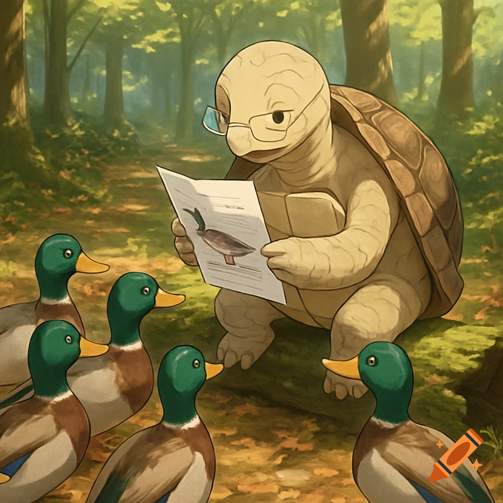 Anime turtle in reading glasses in a forest reads a report about a mallard duck to several listening mallard ducks.