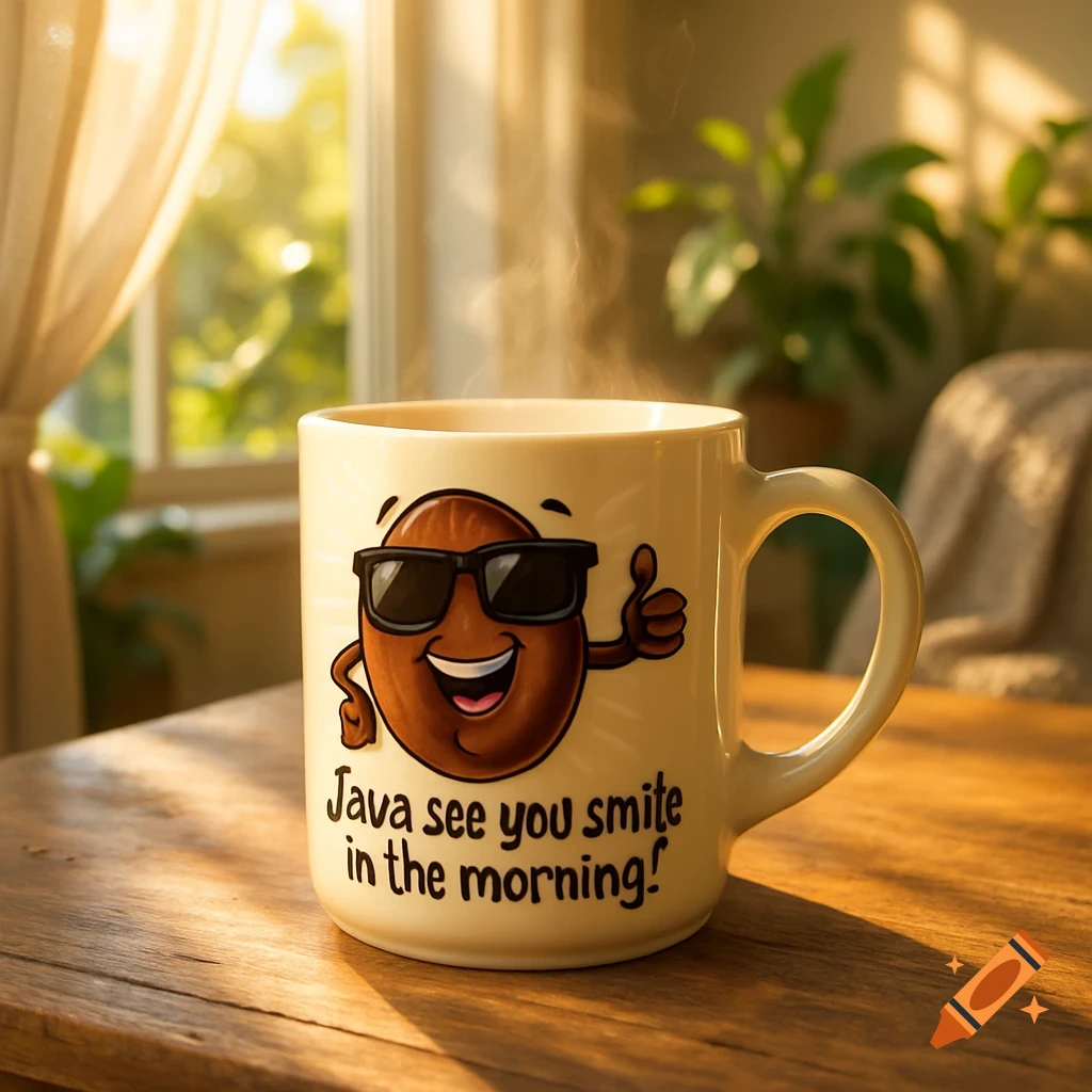 Photorealistic image of a steaming coffee mug with a smiling coffee bean in sunglasses, saying "Java see you smile in the morning!", on a sunny wooden table.