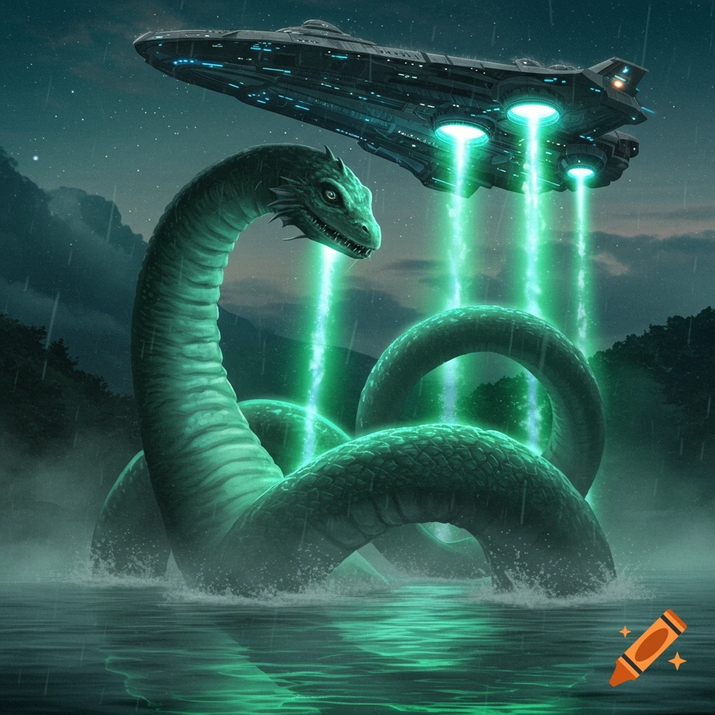 A large green sea monster emerges from a misty lake, looking up at a futuristic spaceship beaming green light down in the rain.