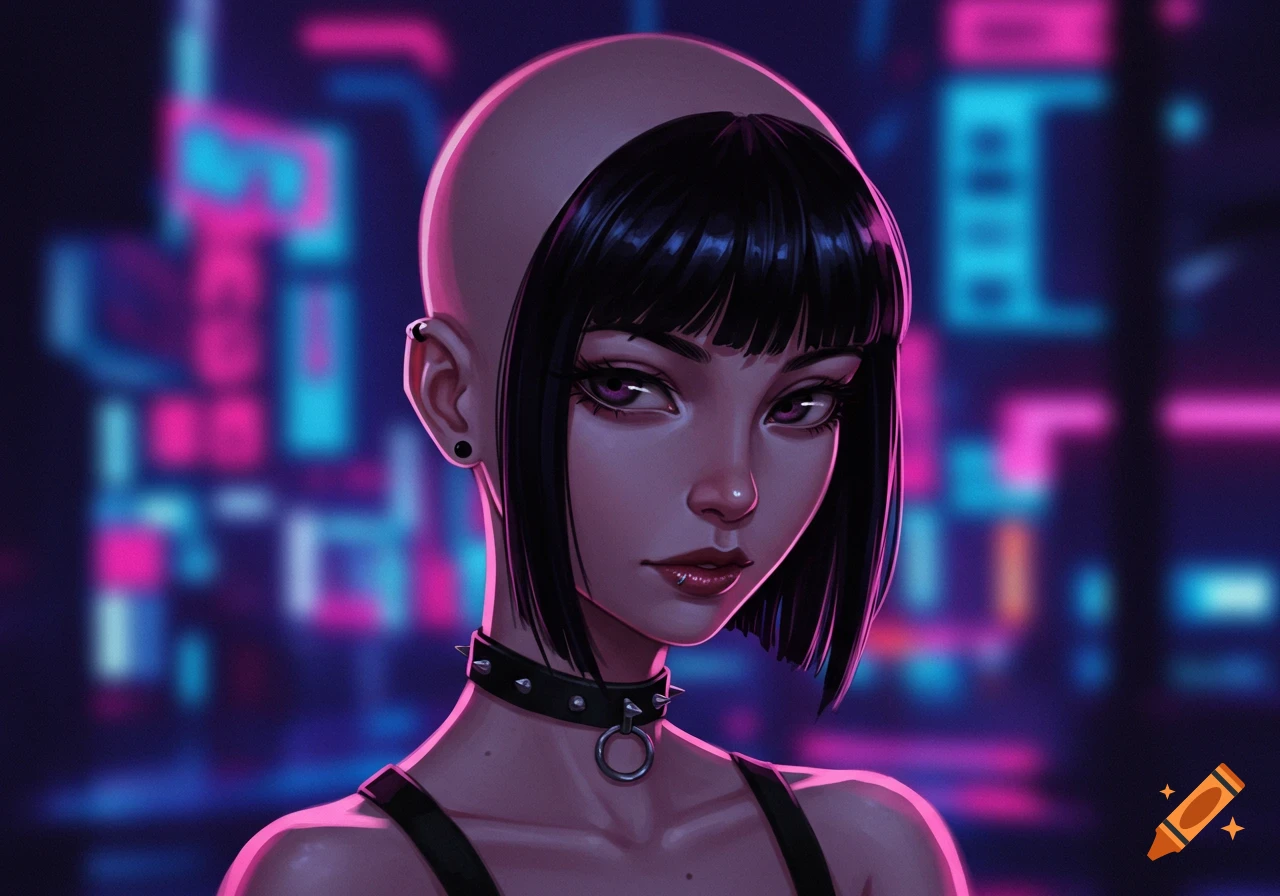 Stylized portrait of a young woman with a partially shaved head, emo bangs, and a choker, against a blurry neon cyberpunk city background.