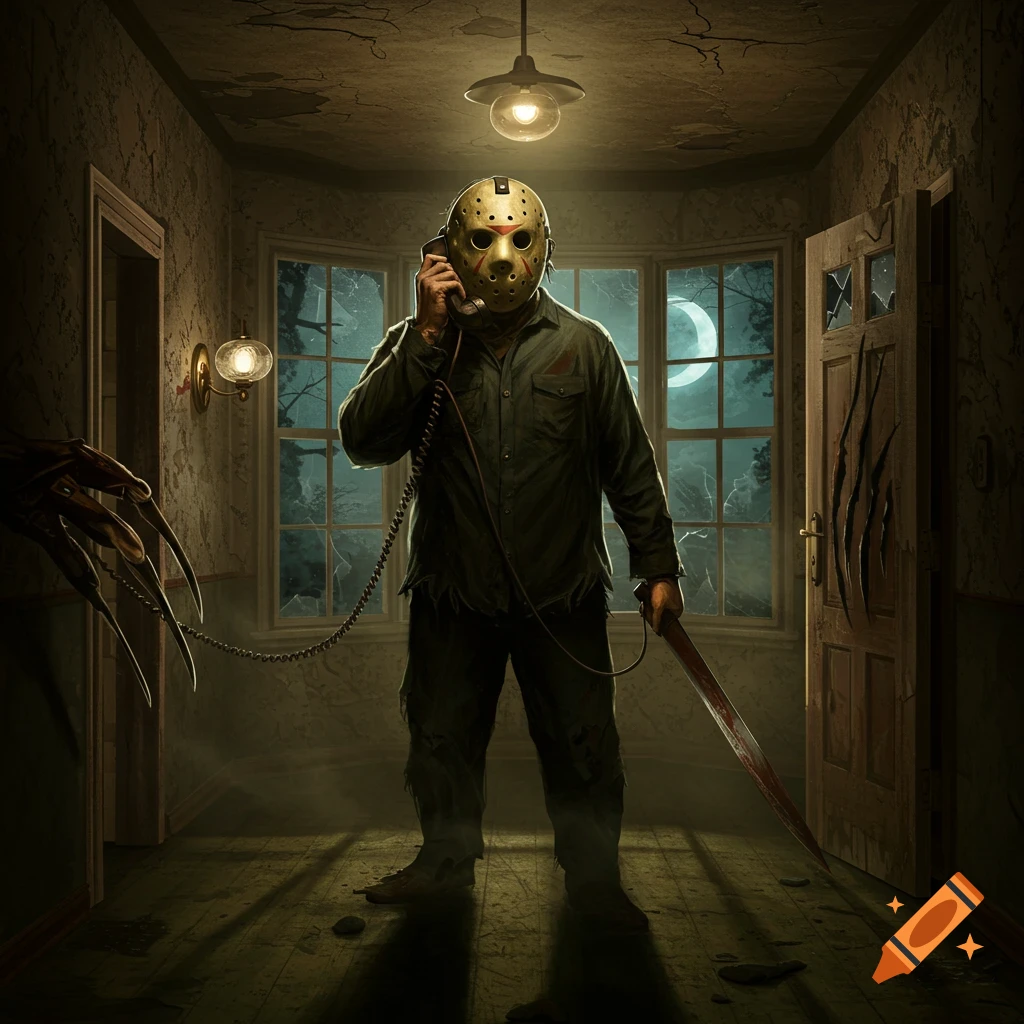 Jason Voorhees in a hockey mask talks on a phone, holding a machete in a dark room with Freddy Krueger's clawed hand and a torn door.