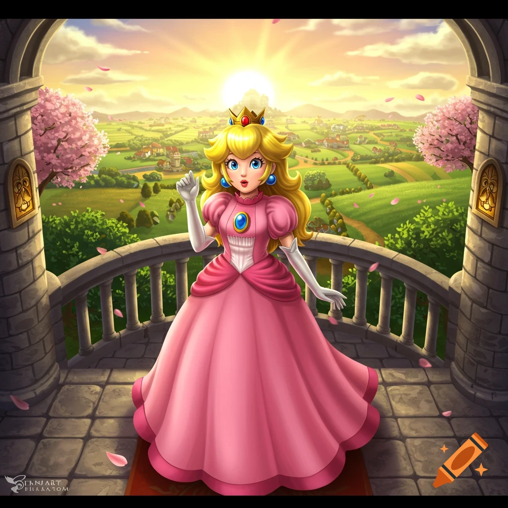 Princess Peach in a pink dress and crown stands on a castle balcony overlooking a vibrant, sunny green kingdom, illustrated.