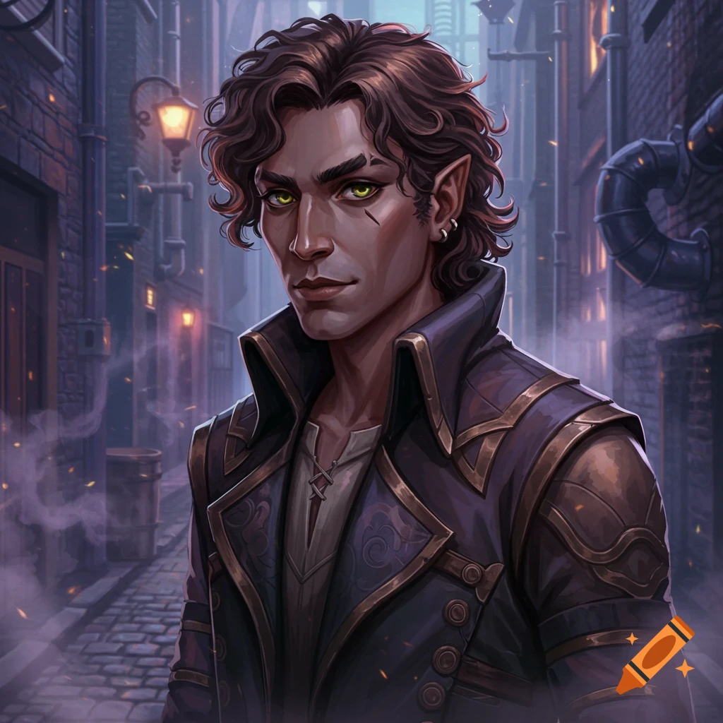 A handsome man with curly brown hair, green eyes, and pointed ears stands in a dark, steampunk alley in a detailed digital painting.