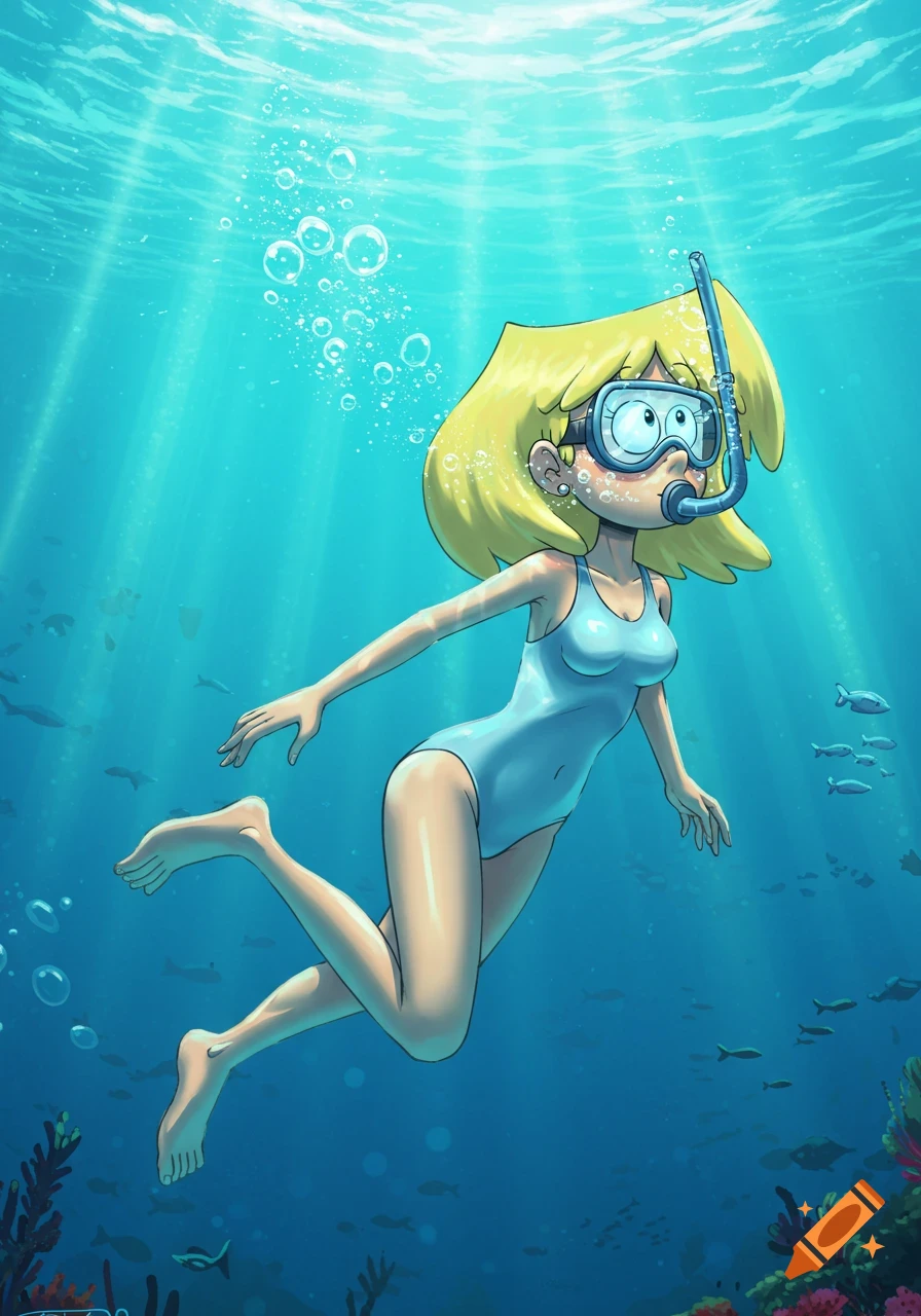 Lori Loud, a cartoon character, swims underwater in a light blue one-piece swimsuit with a diving mask and snorkel, surrounded by fish and coral.