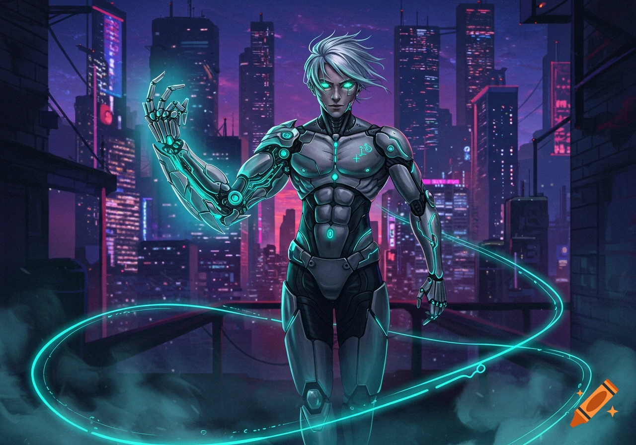 Anime cyborg with glowing cybernetic arm and eyes stands in a neon-lit cyberpunk city, with a turquoise energy ring.