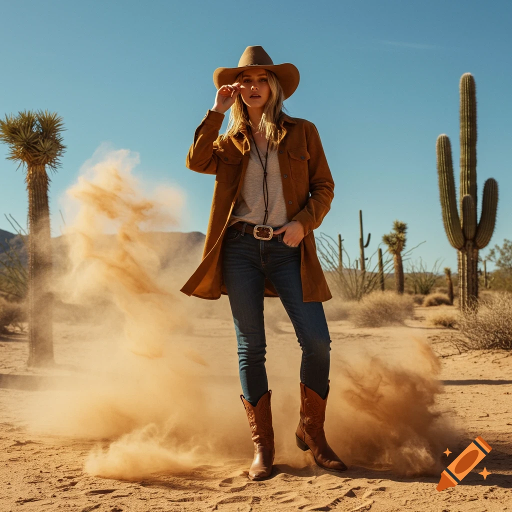A woman in a cowboy hat and brown jacket stands in a dusty desert with cacti, photorealistic.