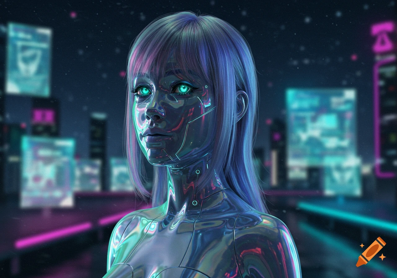 Close-up of a metallic female cyborg with glowing blue eyes and purple hair in a futuristic, neon-lit city.