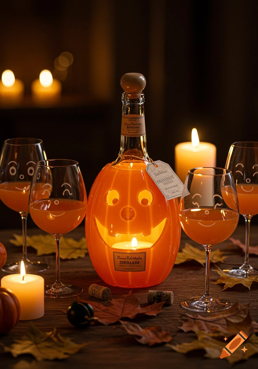 Halloween setup with a glowing pumpkin bottle, wine glasses with carved faces, candles, and autumn leaves on a wooden table.