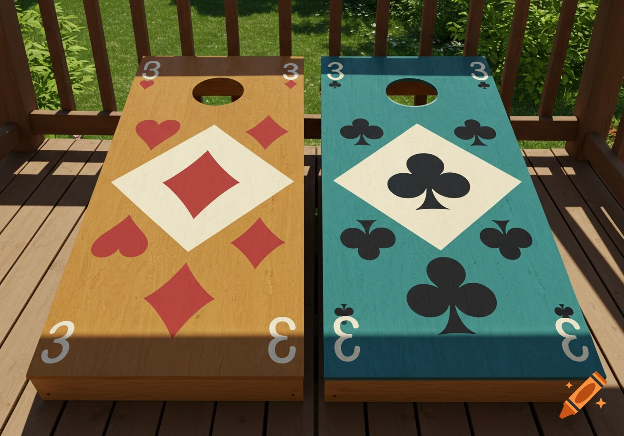 Two cornhole boards, one brown with red card suits (diamonds and hearts) and one teal with black club suits, both with the number 3, on a wooden deck.