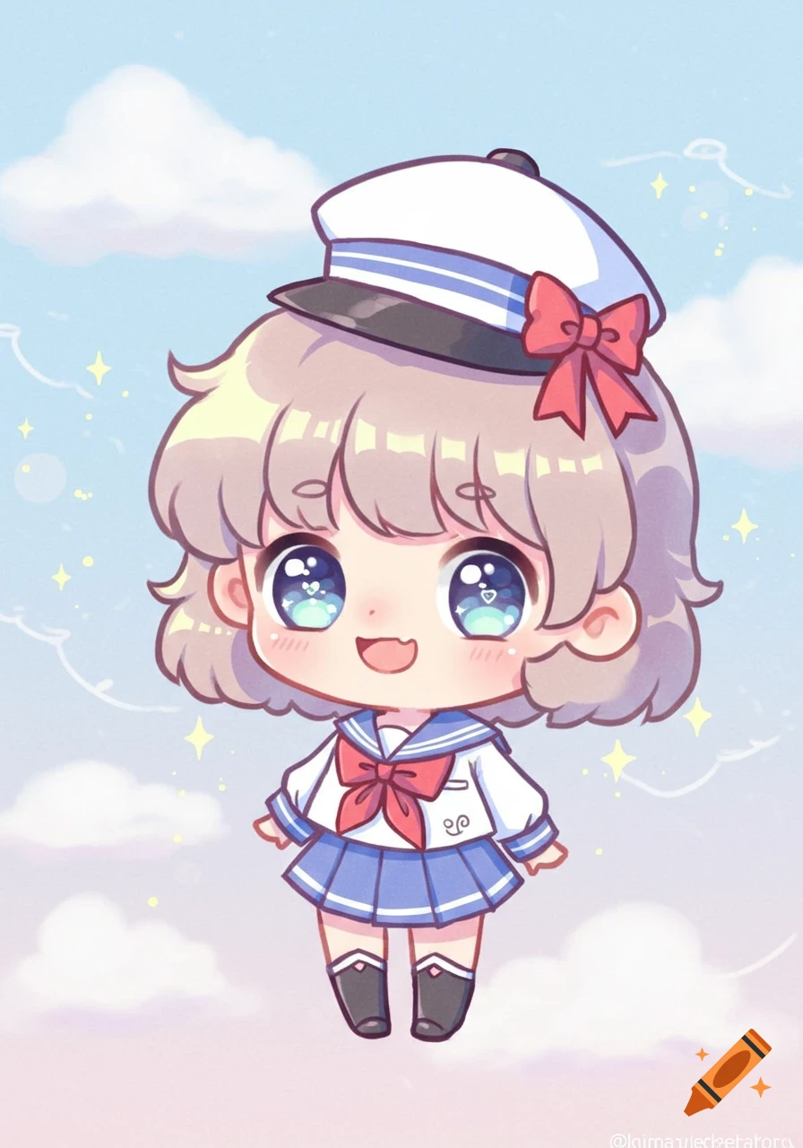 A cute chibi character wearing a sailor uniform and hat, with big blue eyes, smiling and floating in a cloudy sky.