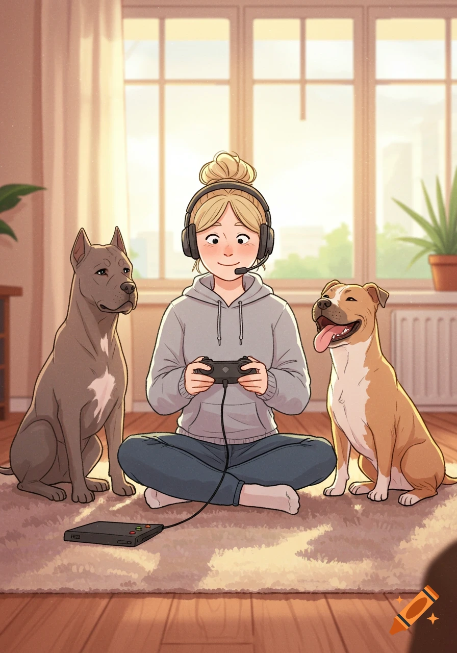 A blonde cartoon woman with a headset plays video games on the floor with a gray Cane Corso and a happy tan Staffy.