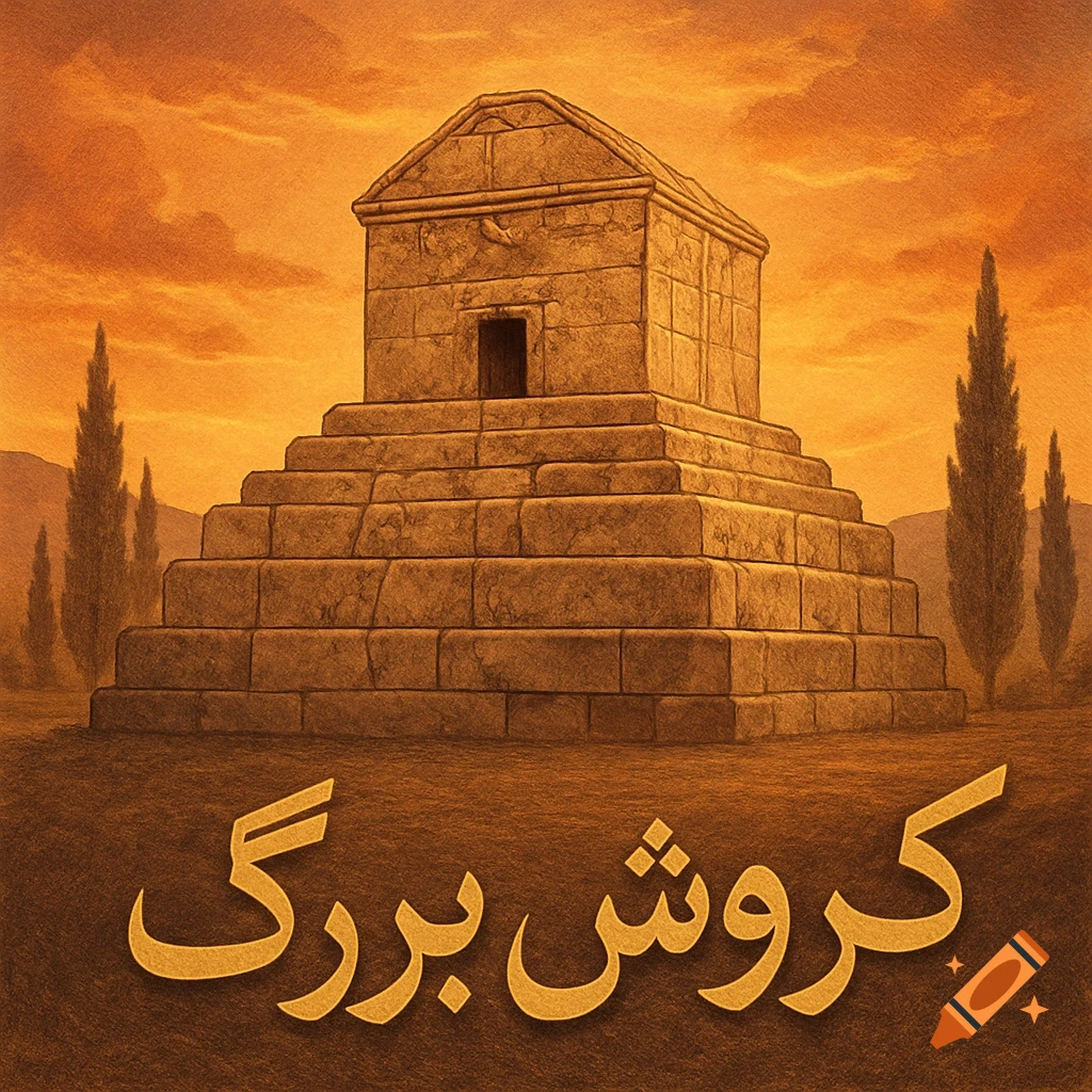 Ancient stone tomb with gold Persian text under an orange sky.