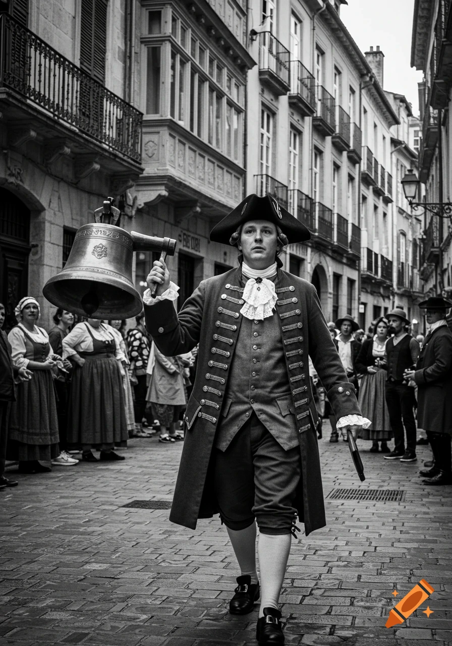 A black and white photograph of a man in 19th-century attire walking down a cobblestone street, holding a large bell.