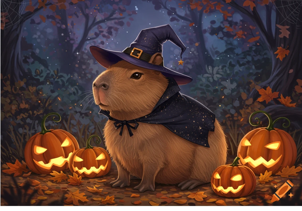 A cute capybara dressed in a witch hat and starry cape sits among glowing jack-o'-lanterns and autumn leaves in a dark, spooky forest.