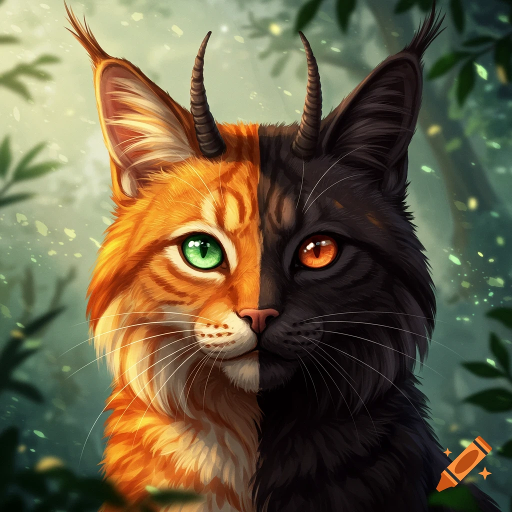 A fantasy close-up of a chimera cat with a face split in half: one side is orange tabby with a green eye and horn, the other is black with an amber eye and horn.