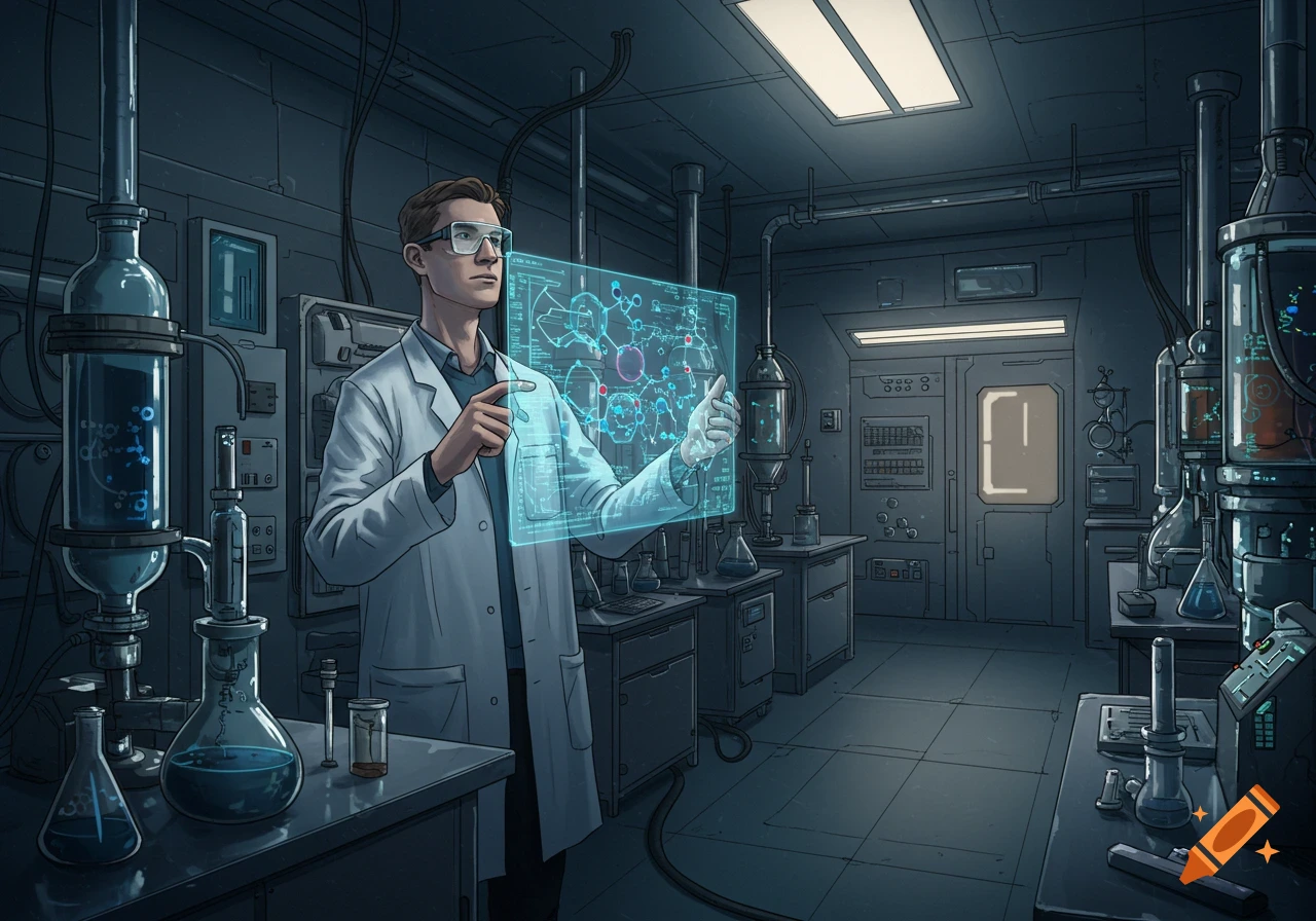 An illustrated male scientist in a lab coat interacts with a glowing holographic display in a dark, futuristic laboratory.