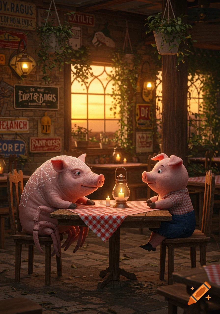 A charming cartoon spider-pig and a smaller pig sit across from each other at a table in a rustic restaurant at sunset, illuminated by a lantern.