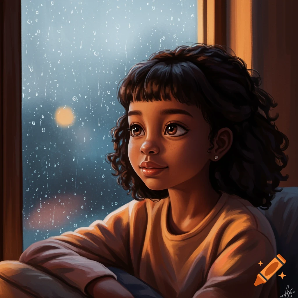 Illustrative portrait of a young African American girl with curly hair looking peacefully out a rainy window.