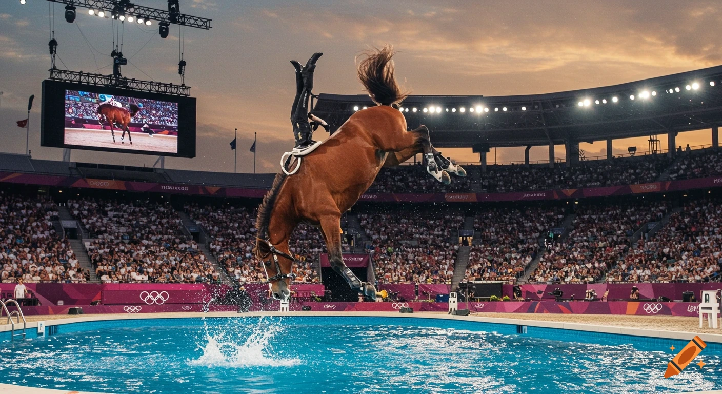A horse and rider perform a dramatic backflip into a swimming pool during an Olympic event, surrounded by a cheering stadium crowd at sunset.