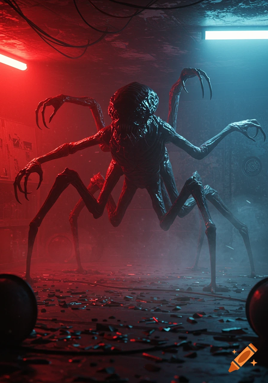 Photorealistic image of a terrifying multi-limbed alien monster in a dark, industrial room bathed in red and blue light.