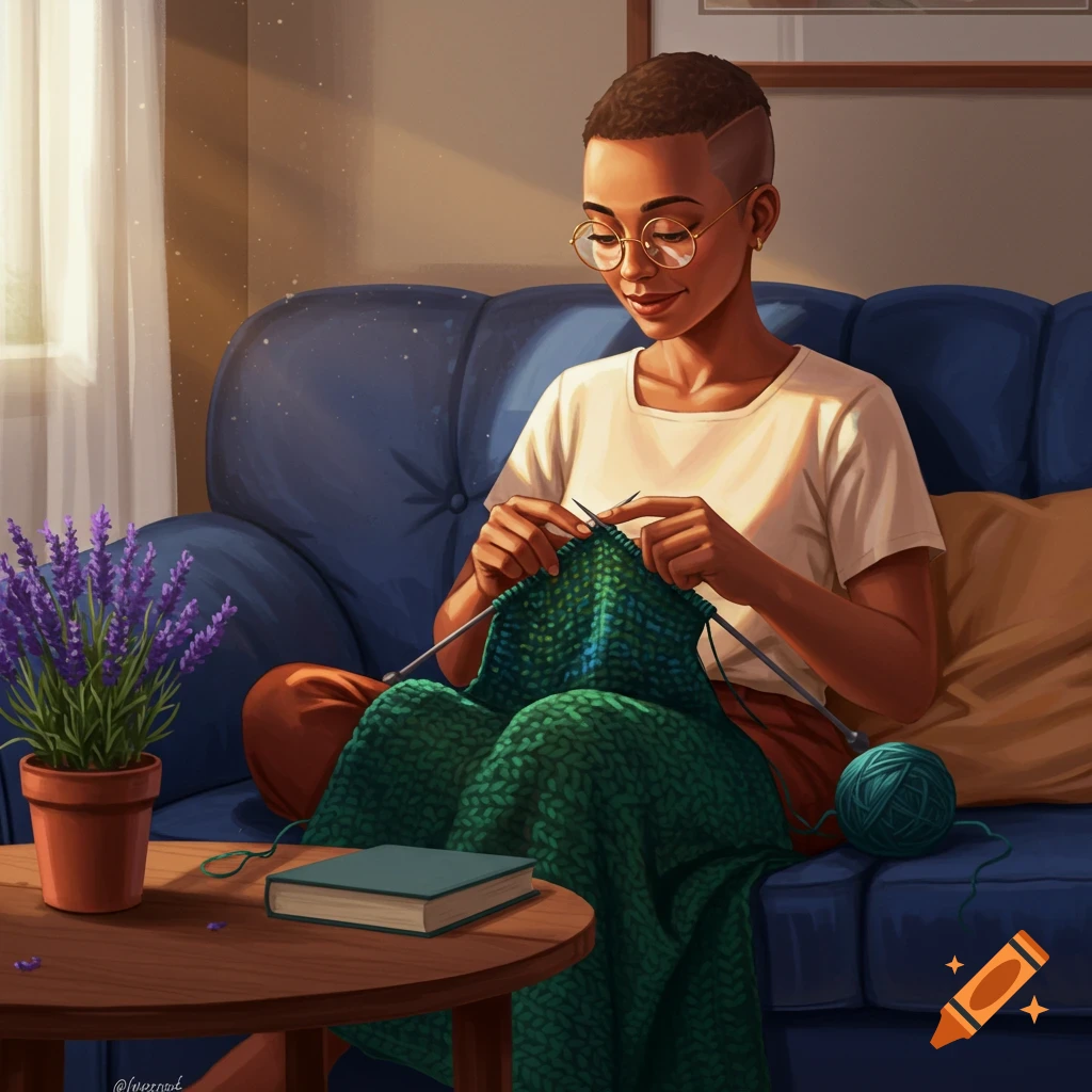 An illustration of a woman with short hair and glasses sitting on a blue sofa, knitting a green blanket. A potted lavender plant and a book are on a table beside her.