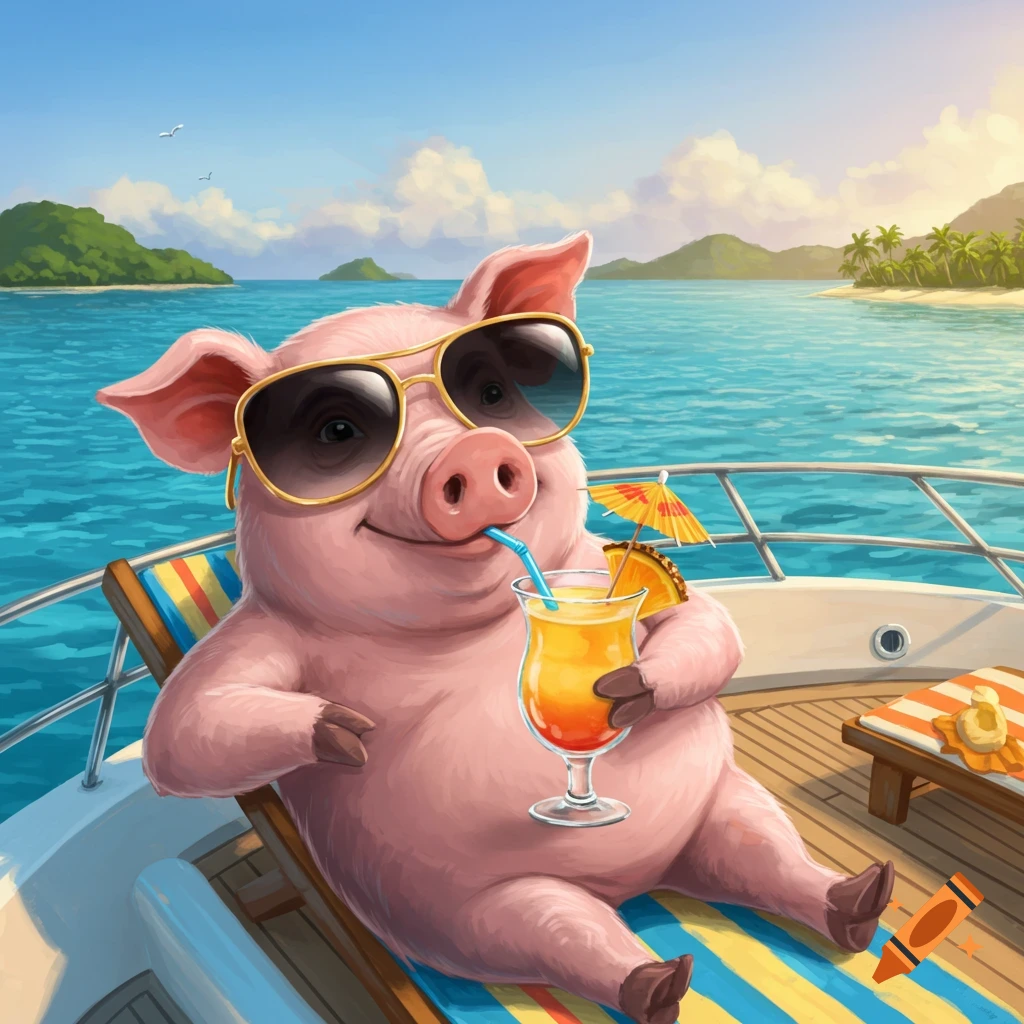 A cheerful cartoon pig wearing sunglasses lounges on a yacht deck chair, sipping a tropical cocktail with a straw in an ocean setting with islands.