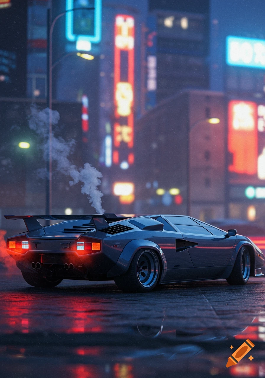 Dark blue Lamborghini Countach on a wet city street at night, glowing taillights, steam, neon sign reflections.