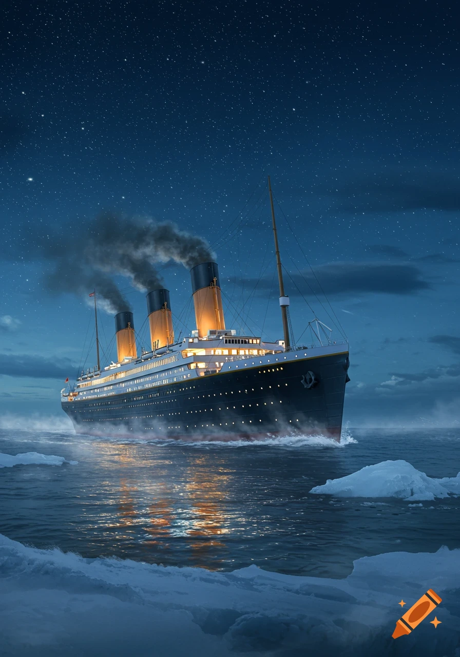 Photorealistic rendering of the Titanic ocean liner sailing through icy waters at night under a starry sky.