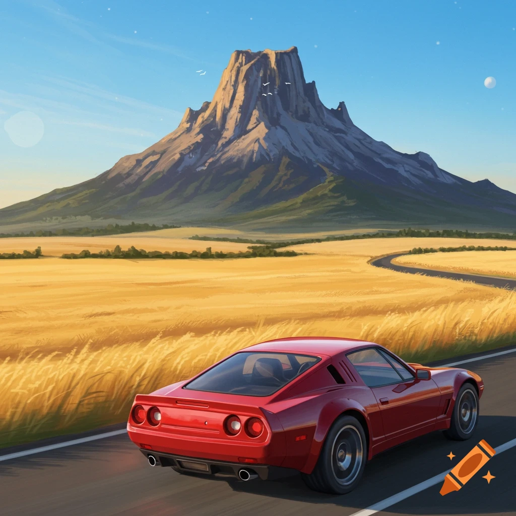 Red sports car driving on a winding road through golden fields towards a large mountain under a blue sky.
