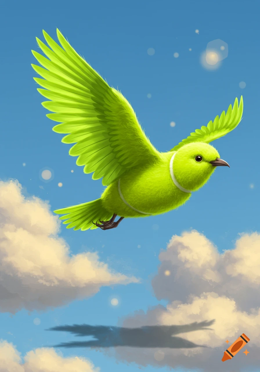 A vibrant green bird, resembling a tennis ball, flies through a bright blue sky with fluffy white clouds, in a digital art style.