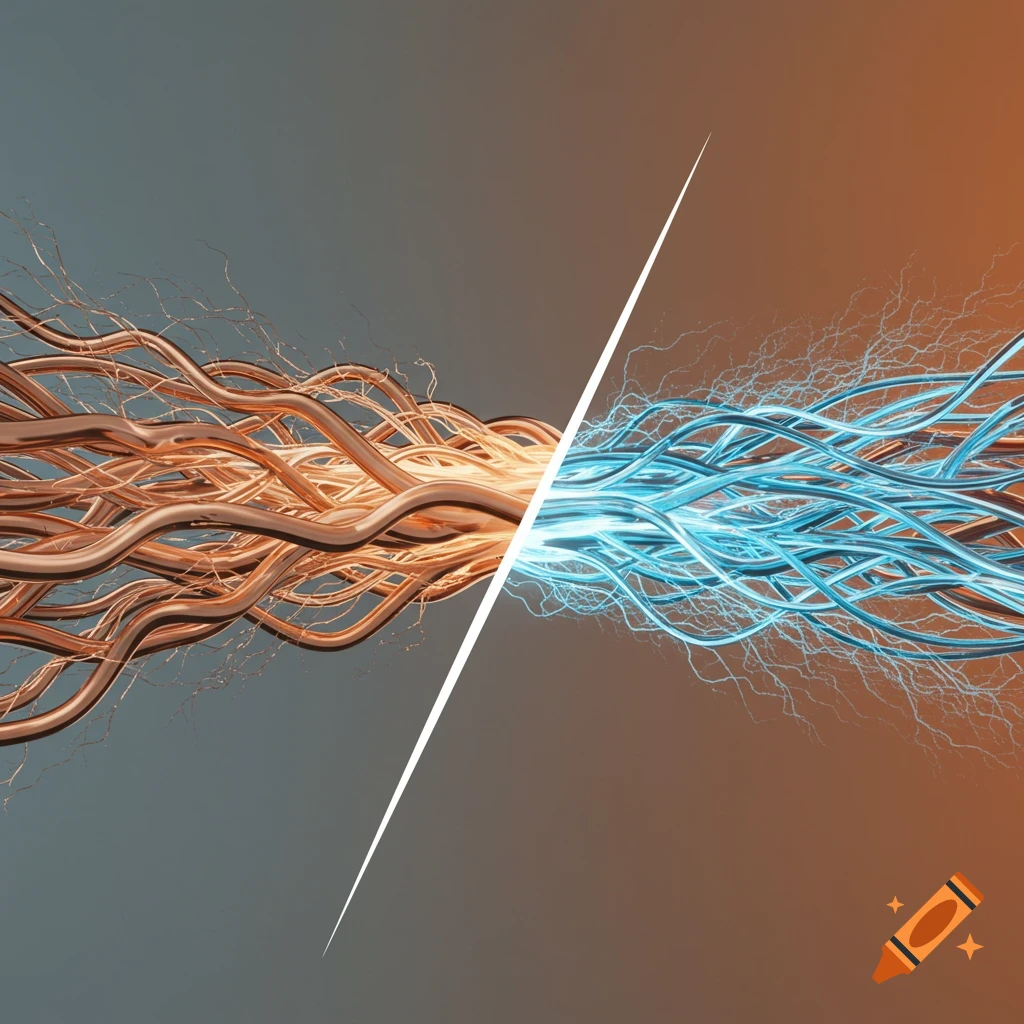 Abstract digital illustration of wavy copper lines transitioning into glowing blue electrical energy lines, split diagonally.