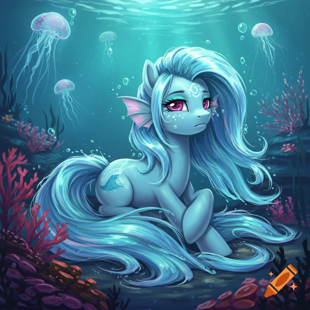 A blue My Little Pony with flowing hair and pink gills sits underwater among coral and jellyfish, a wave cutie mark on its flank.
